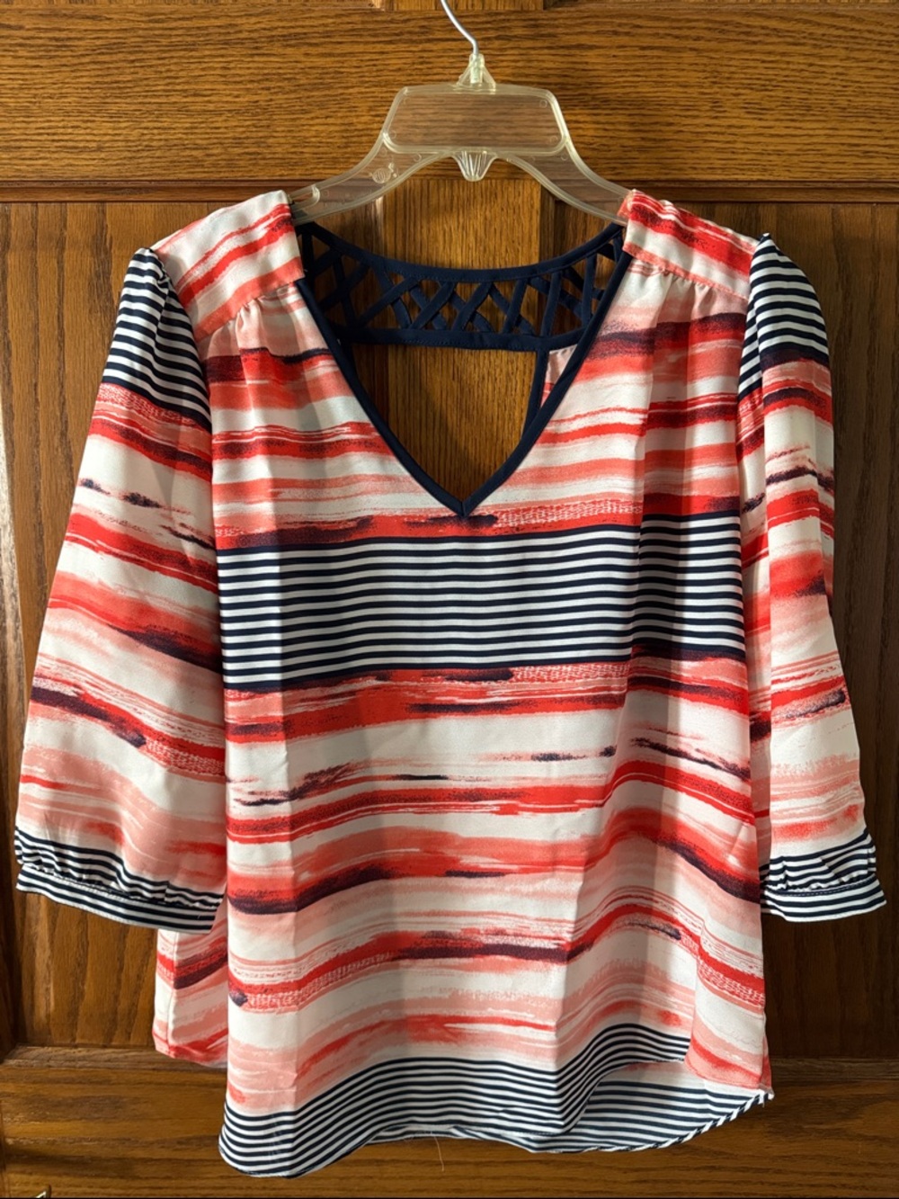Iz Byer Coral and Navy Striped V-Neck Blouse